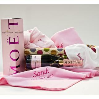 Personalised Baby Hamper with Moet Rose –Baby Girl